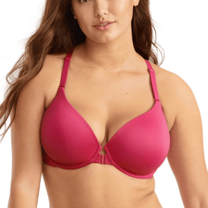 A woman is wearing a magenta bra and matching high-waisted underwear.