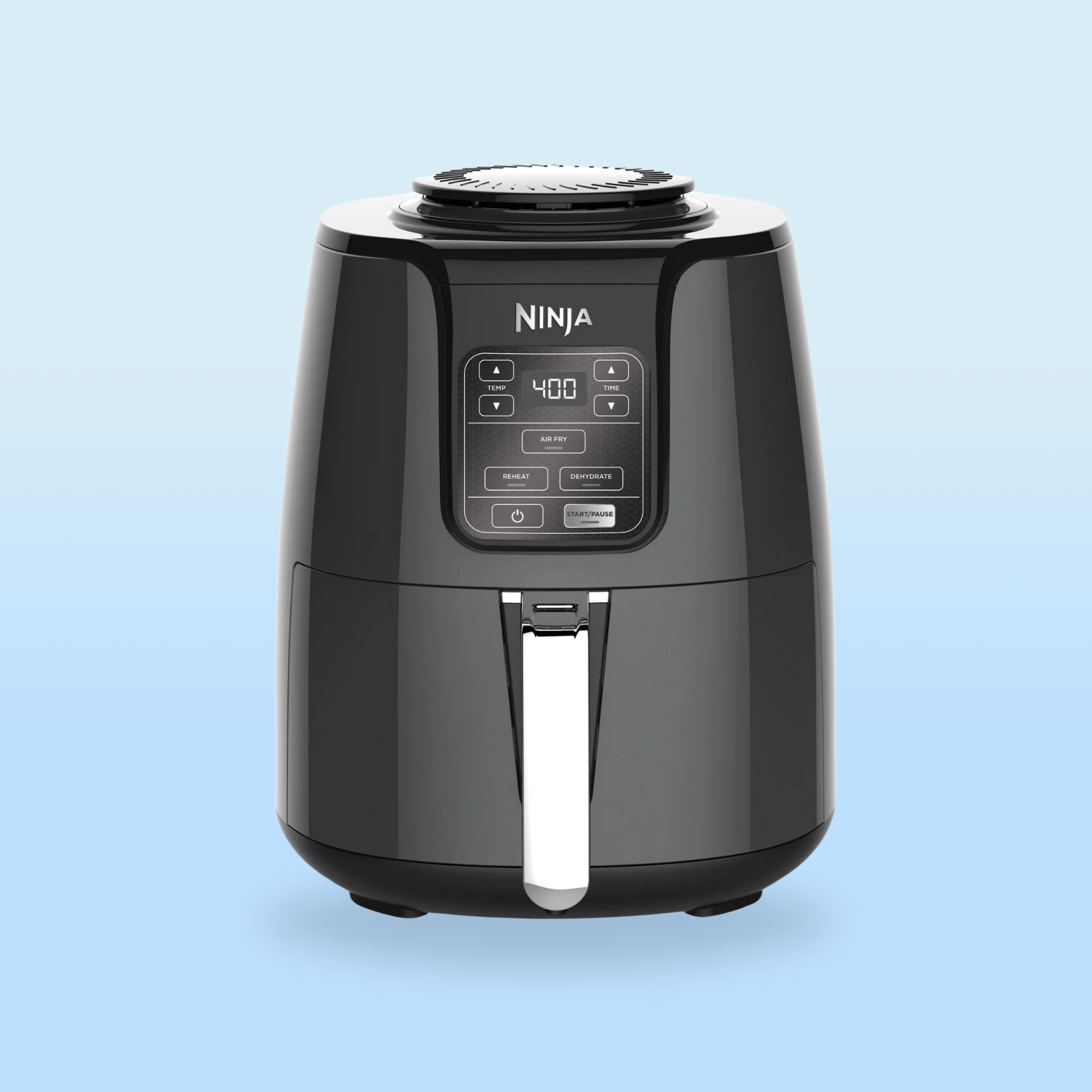 A Ninja air fryer with digital controls, set to 400°F. It features functions like air fry, reheat, and dehydrate.