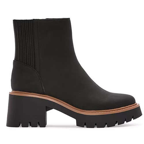 Black ankle booties with a chunky block heel, featuring a lug sole and elastic side panels for easy slip-on. Ideal for casual or semi-formal wear.