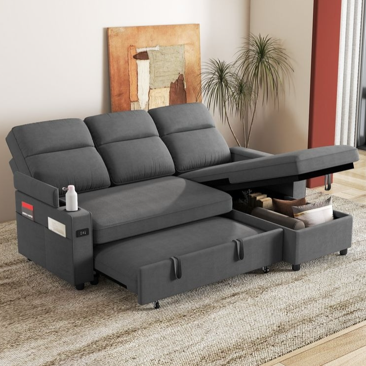 A gray, multifunctional sofa with adjustable backrests, built-in storage compartments, and a cup holder.