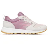 A pink and white sneaker with a suede and fabric upper, featuring a lace-up design and a gum sole for traction.