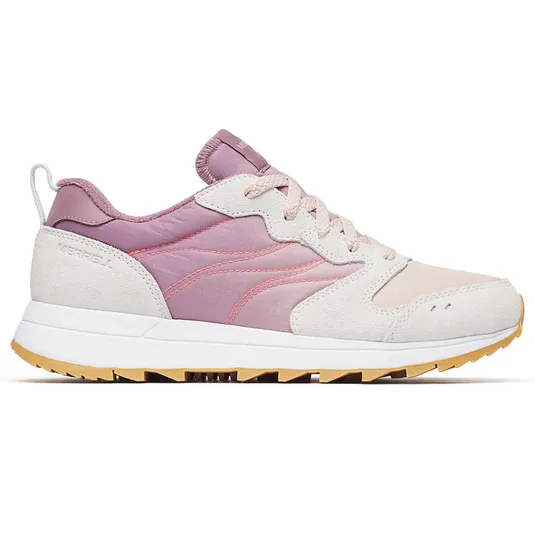 A pink and white sneaker with a suede and fabric upper, featuring a lace-up design and a gum sole for traction.