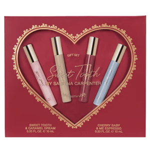 A gift set featuring four 10 mL fragrances: Sweet Tooth, Caramel Dream, Cherry Baby, and Me Espresso, by Sabrina Carpenter. The packaging is heart-themed with a red and gold design.