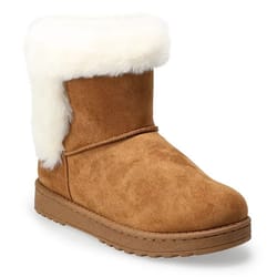 Brown ankle-length boots with a plush white fur collar, featuring a flat sole and a suede-like finish.