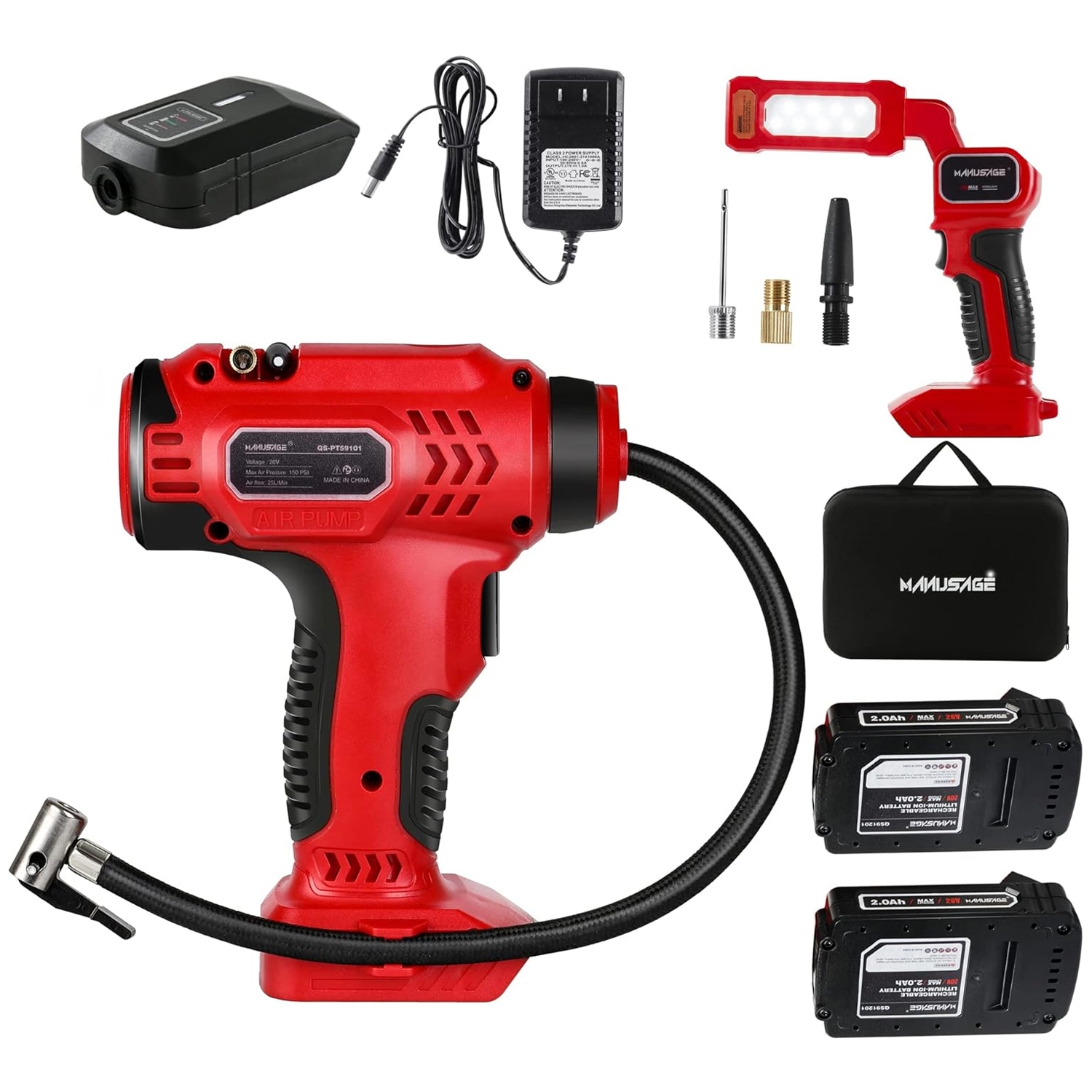 The kit includes a red cordless tire inflator with a digital display, two rechargeable batteries, a charger, a work light attachment, and various nozzle adapters, all stored in a carrying case.