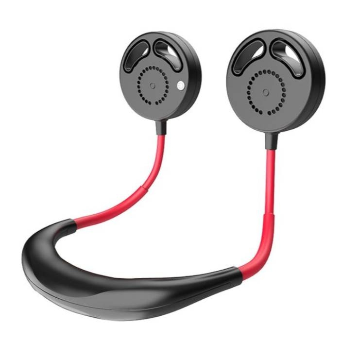 Red and black neckband-style wireless earphones.
