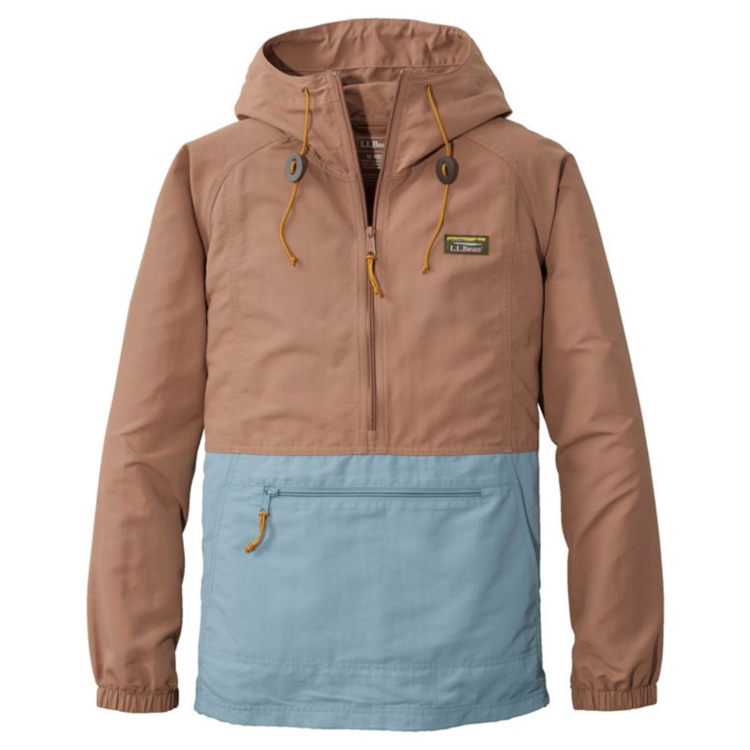 A hooded anorak with a brown upper section, light blue lower section, half-zip front, and large front pocket.