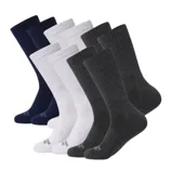 A collection of mid-calf socks in three colors—navy blue, white, and dark gray—displayed in pairs.