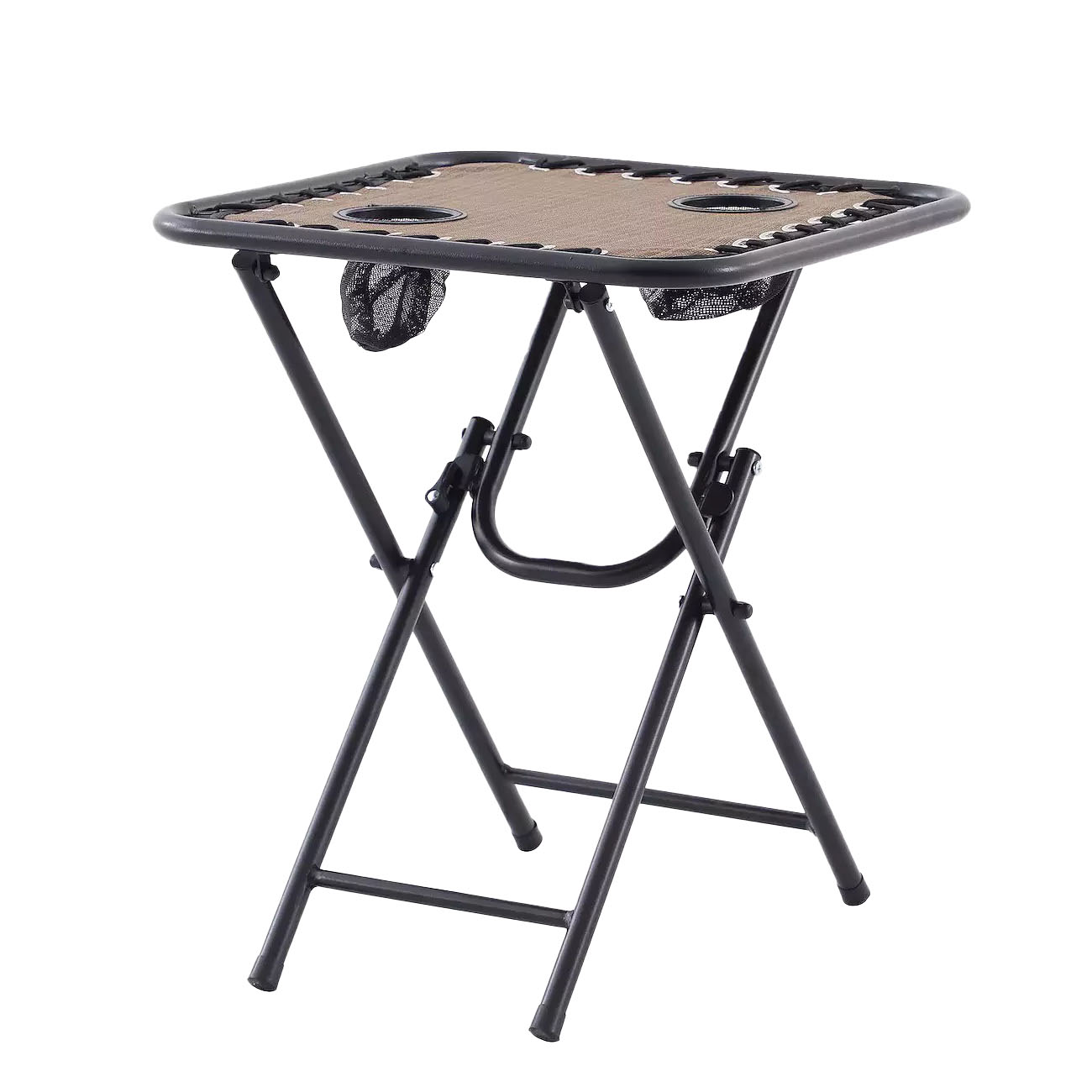A foldable camping table with two built-in cup holders and a mesh storage pocket underneath, supported by a metal frame.