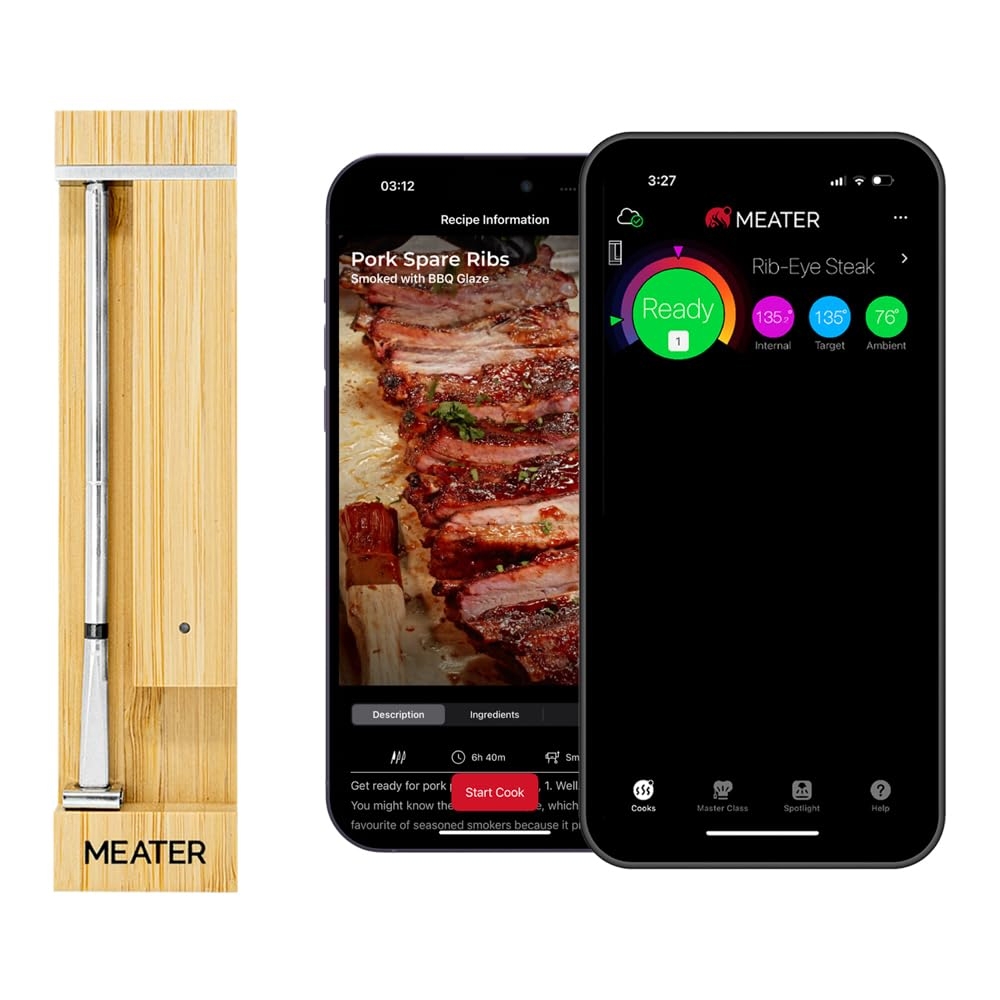 A MEATER smart wireless meat thermometer alongside a smartphone app interface displaying cooking options for pork spare ribs and rib-eye steak temperatures.