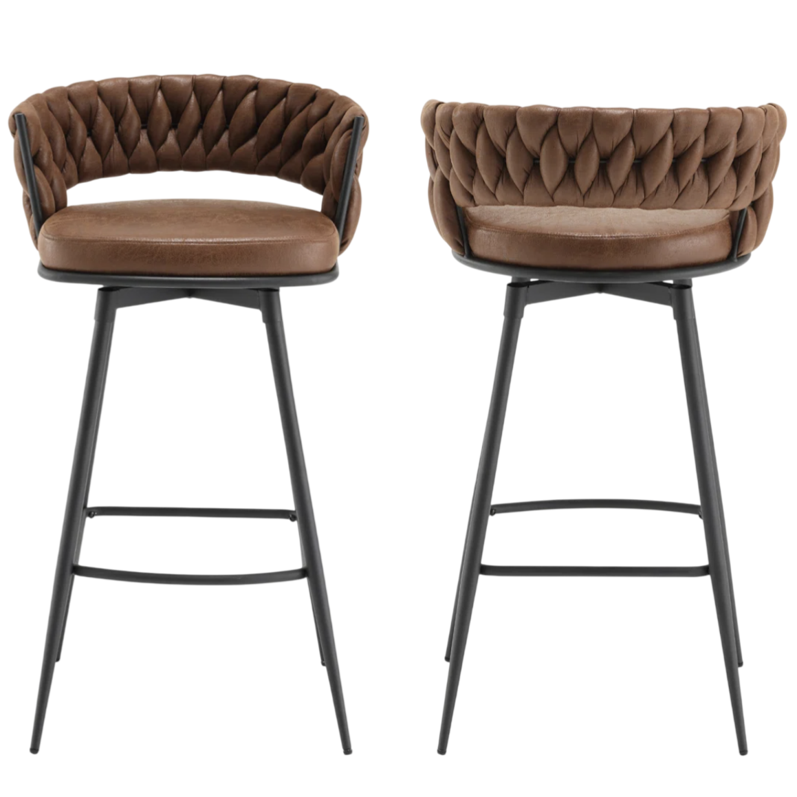 Two brown bar stools with woven backrests and cushioned seats, featuring black metal legs and footrests.