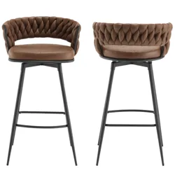 Two brown bar stools with woven backrests and cushioned seats, featuring black metal legs and footrests.