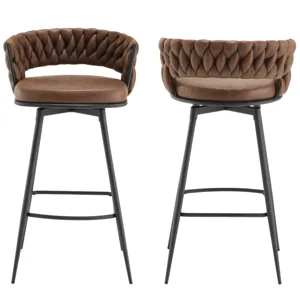 Two brown bar stools with woven backrests and cushioned seats, featuring black metal legs and footrests.