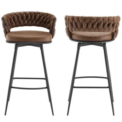 Two brown bar stools with woven backrests and cushioned seats, featuring black metal legs and footrests.