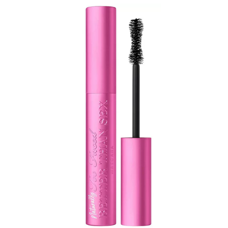 Too Faced Better Than Sex Mascara features a pink tube with embossed text and includes a thick, hourglass-shaped brush designed for volume and lengthening lashes.