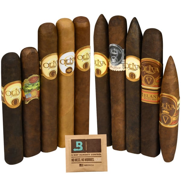 A selection of cigars with various labels, accompanied by a Boveda 2-way humidity control packet.