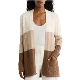 Color-blocked cardigan with cable knit details, featuring shades of cream, beige, and brown, and front pockets.