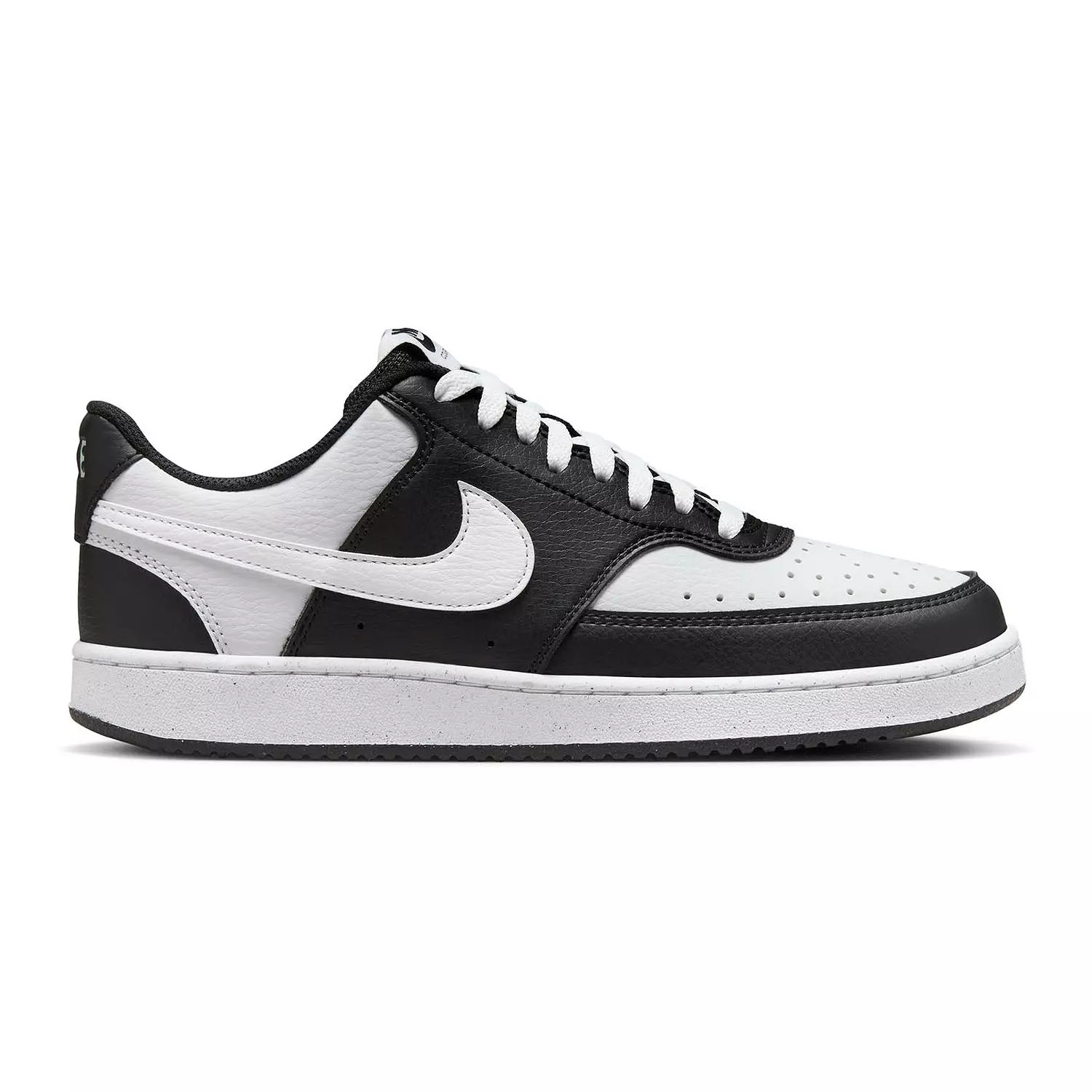 Black and white Nike sneaker with a white swoosh logo, featuring a perforated toe box and a textured design.