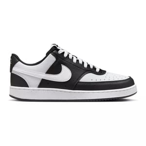 Black and white Nike sneaker with a white swoosh logo, featuring a perforated toe box and a textured design.