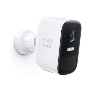 Eufy Security camera designed for outdoor use, featuring a sleek, compact design. It includes a mounting bracket for easy installation.