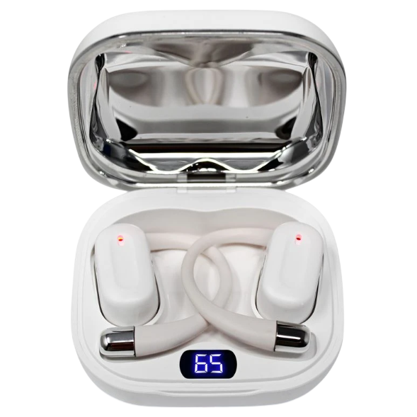 Wireless earbuds in a charging case with a digital display showing \“65.\“