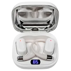 Wireless earbuds in a charging case with a digital display showing \“65.\“