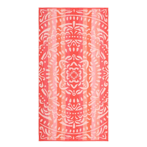 A pink and orange patterned towel featuring a symmetrical, ornate design with floral and abstract elements.