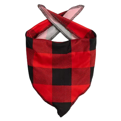 A red and black checkered bandana with a crisscrossed tie design.