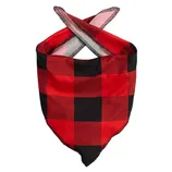 A red and black checkered bandana with a crisscrossed tie design.
