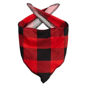 A red and black checkered bandana with a crisscrossed tie design.
