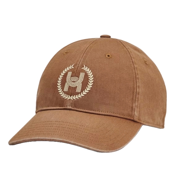 Brown baseball cap with a curved brim, featuring an embroidered \“H\“ inside a laurel wreath design on the front.