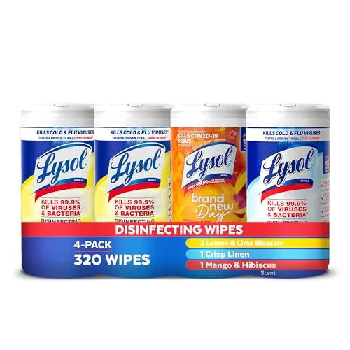 4-pack of Lysol disinfecting wipes, totaling 320 wipes, featuring scents: 2 Lemon & Lime Blossom, 1 Crisp Linen, 1 Mango & Hibiscus. Kills 99.9% of viruses and bacteria, including COVID-19 virus.