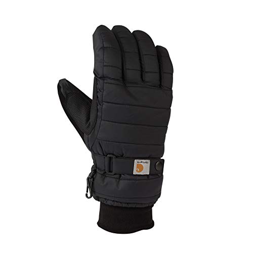 A black insulated winter glove with a reinforced palm and wrist strap, featuring a small logo patch on the back.