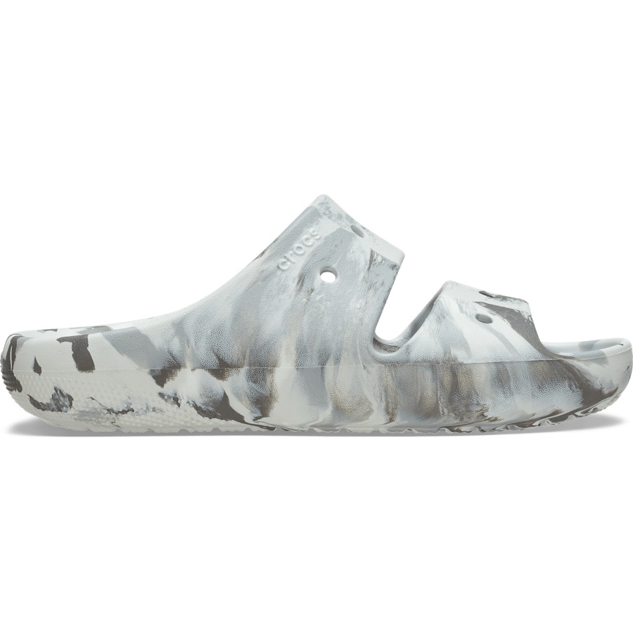 A marbled gray and white Crocs slide with a slip-on design featuring ventilation holes near the strap area.