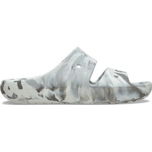 A marbled gray and white Crocs slide with a slip-on design featuring ventilation holes near the strap area.