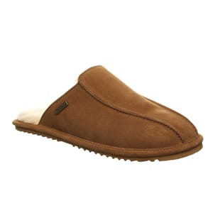 Brown Bearpaw insulated slippers with a suede exterior, plush lining, and a flat rubber sole. The brand label is visible on the side.