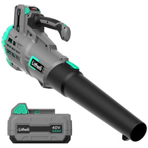 Litheli Cordless Leaf Blower 40V features a lightweight design with a 40V 2.0Ah battery, ergonomic handle, and streamlined black nozzle, ideal for efficient yard work.