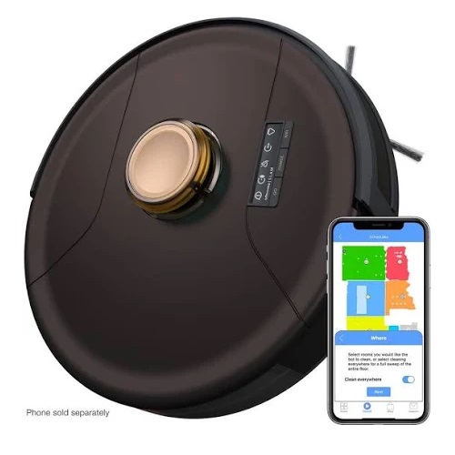 A round robotic vacuum cleaner with an attached camera and a smartphone displaying its control app for room mapping and cleaning customization. Phone not included.