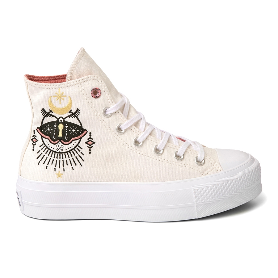 Converse Women's Boho High-Top Sneaker features a cream canvas with a mystical design, including crescent moon and cat motifs, white laces, and a rubber sole.