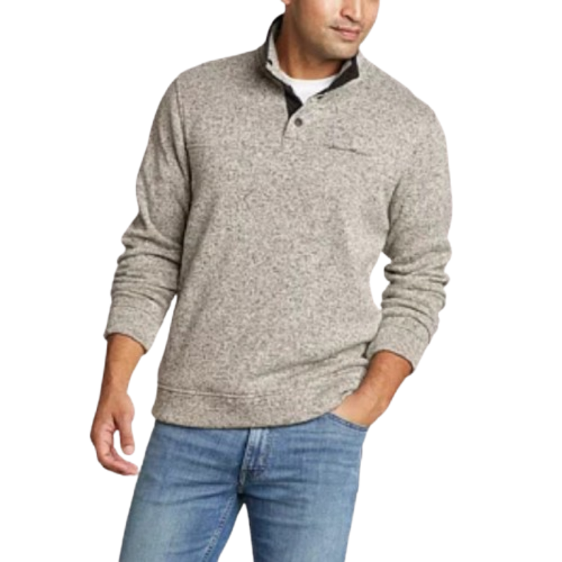 A gray pullover fleece with long sleeves, a snap-front collar, and a relaxed fit. The model wears it over a white shirt and pairs it with blue jeans.