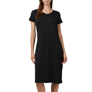 Short-sleeve black T-shirt dress with a crew neckline, knee-length, and relaxed fit. Simple and versatile for casual wear.