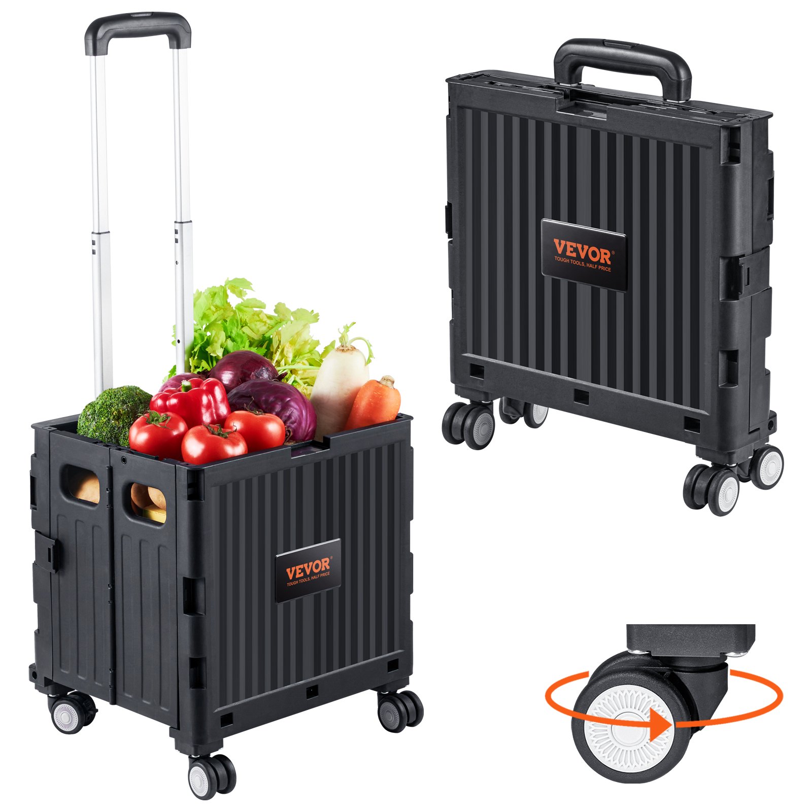 Folding utility cart with a telescopic handle, featuring a spacious interior for carrying items like groceries. It has four wheels for easy mobility and collapses into a compact, portable form for storage.