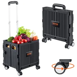 Folding utility cart with a telescopic handle, featuring a spacious interior for carrying items like groceries. It has four wheels for easy mobility and collapses into a compact, portable form for storage.
