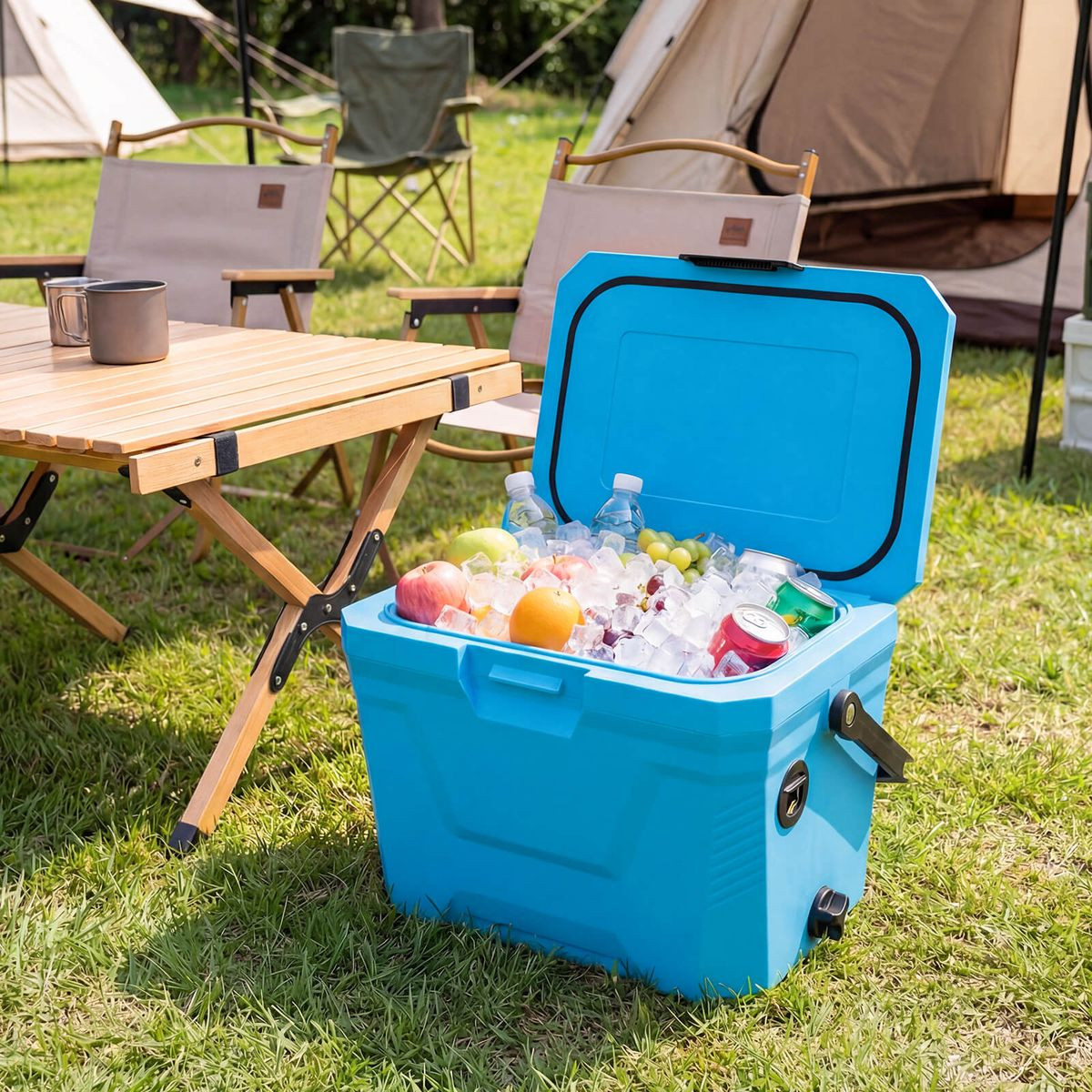 A blue cooler filled with ice, water bottles, soda cans, and fruits is placed on grass near a wooden folding table and camping chairs, with tents in the background.
