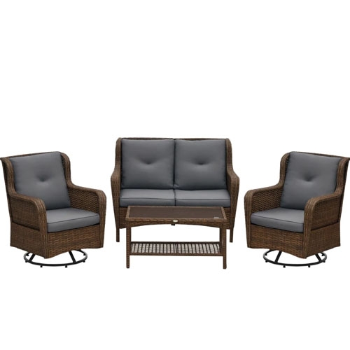 Outdoor furniture set including two swivel chairs, a loveseat, and a coffee table with wicker frames and gray cushions.