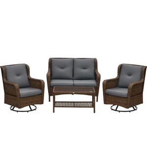 Outdoor furniture set including two swivel chairs, a loveseat, and a coffee table with wicker frames and gray cushions.