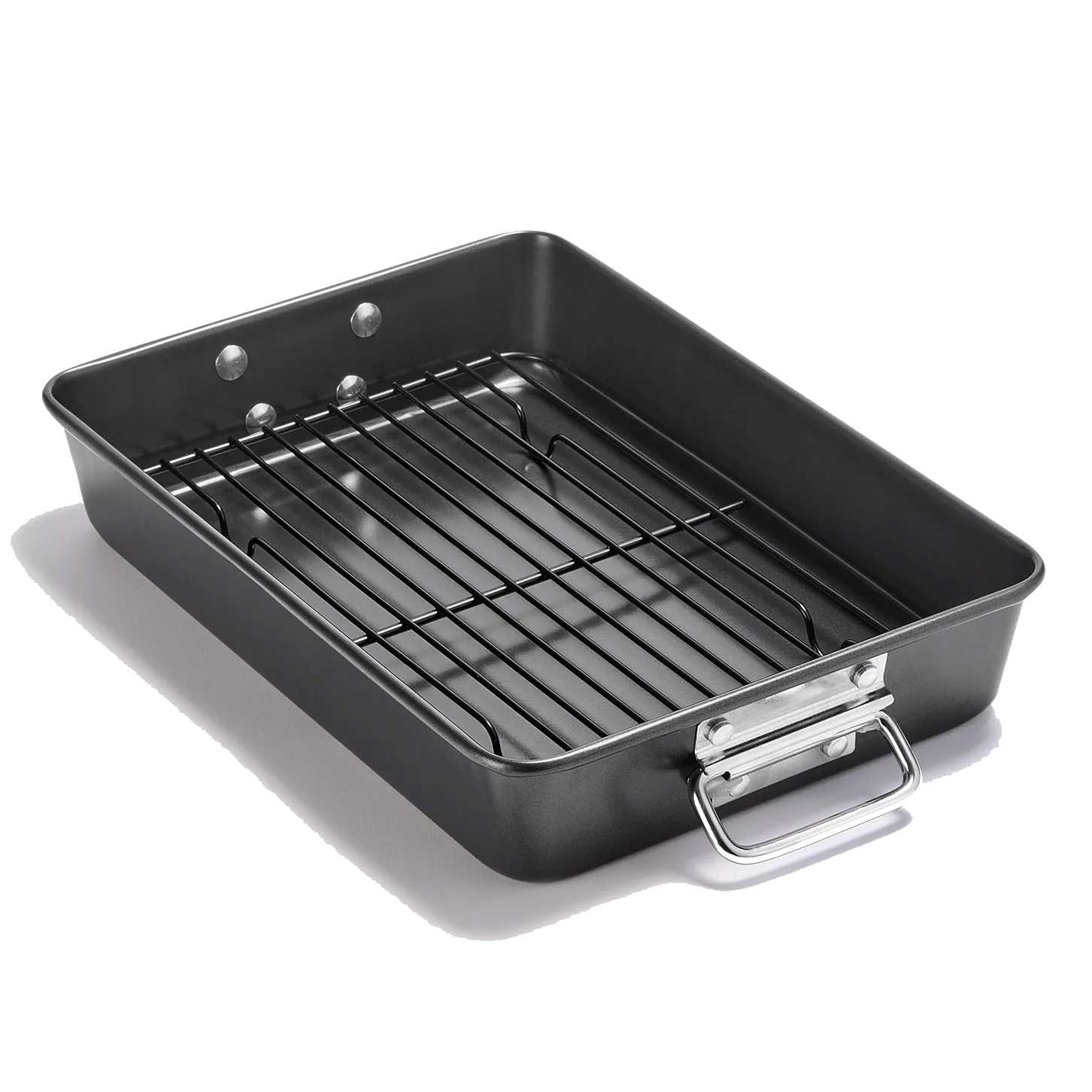 A rectangular roasting pan with a removable rack and metal handles, designed for baking or roasting.
