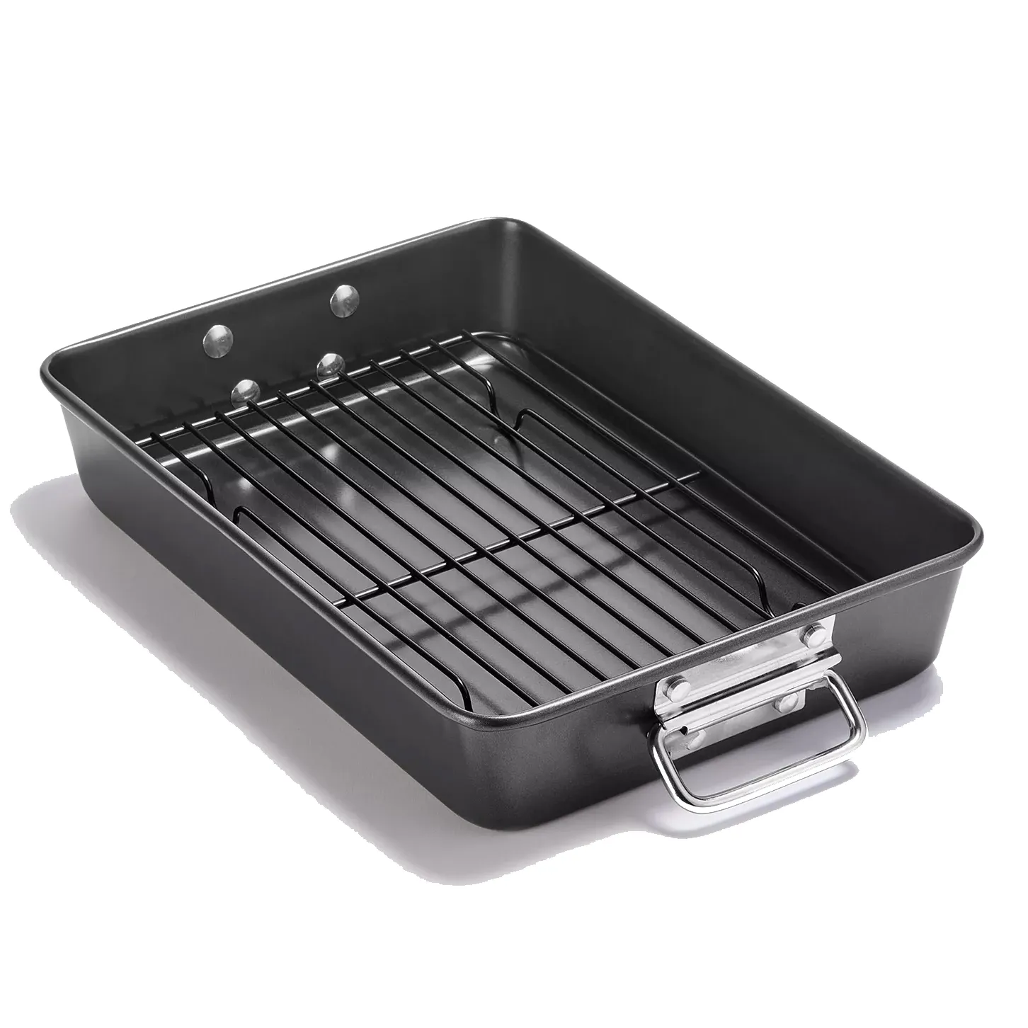 A rectangular roasting pan with a removable rack and metal handles, designed for baking or roasting.