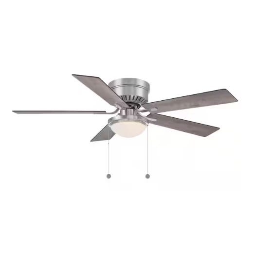 A modern ceiling fan with five dark blades, a brushed metallic finish, and a central light fixture. It features two pull chains for operation.
