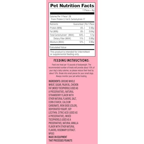 Pet treat nutrition facts include 28 calories per piece, with key ingredients like ground whole wheat, sugar, palm oil, chicken fat, and natural flavors. Contains tocopherols, citric acid, lecithin, and rosemary extract; made on equipment processing peanuts.